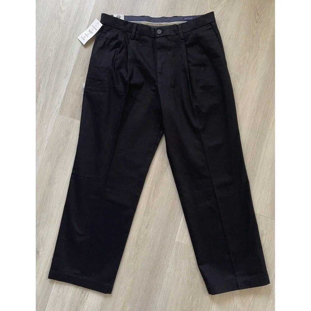 Dockers Signature Khaki Men Black Classic Fit Pleated Twill Stretch Pants 34